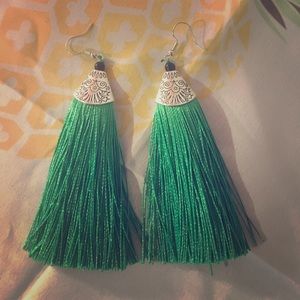 Never Worn Emerald Green Silver Tassel Earrings